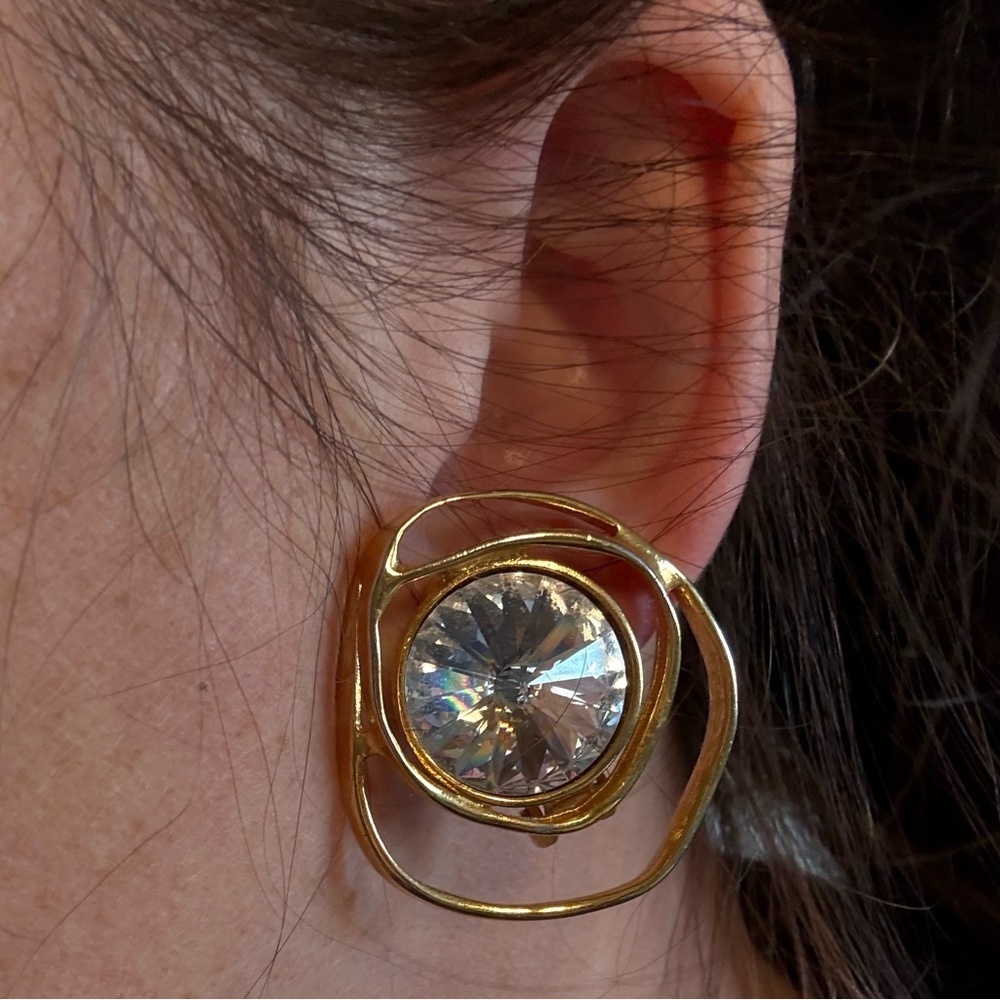 Vintage Norma Jean MODERNIST Rivoli Crystal Gold Tone Clip On Earrings - Picture 7 of 11